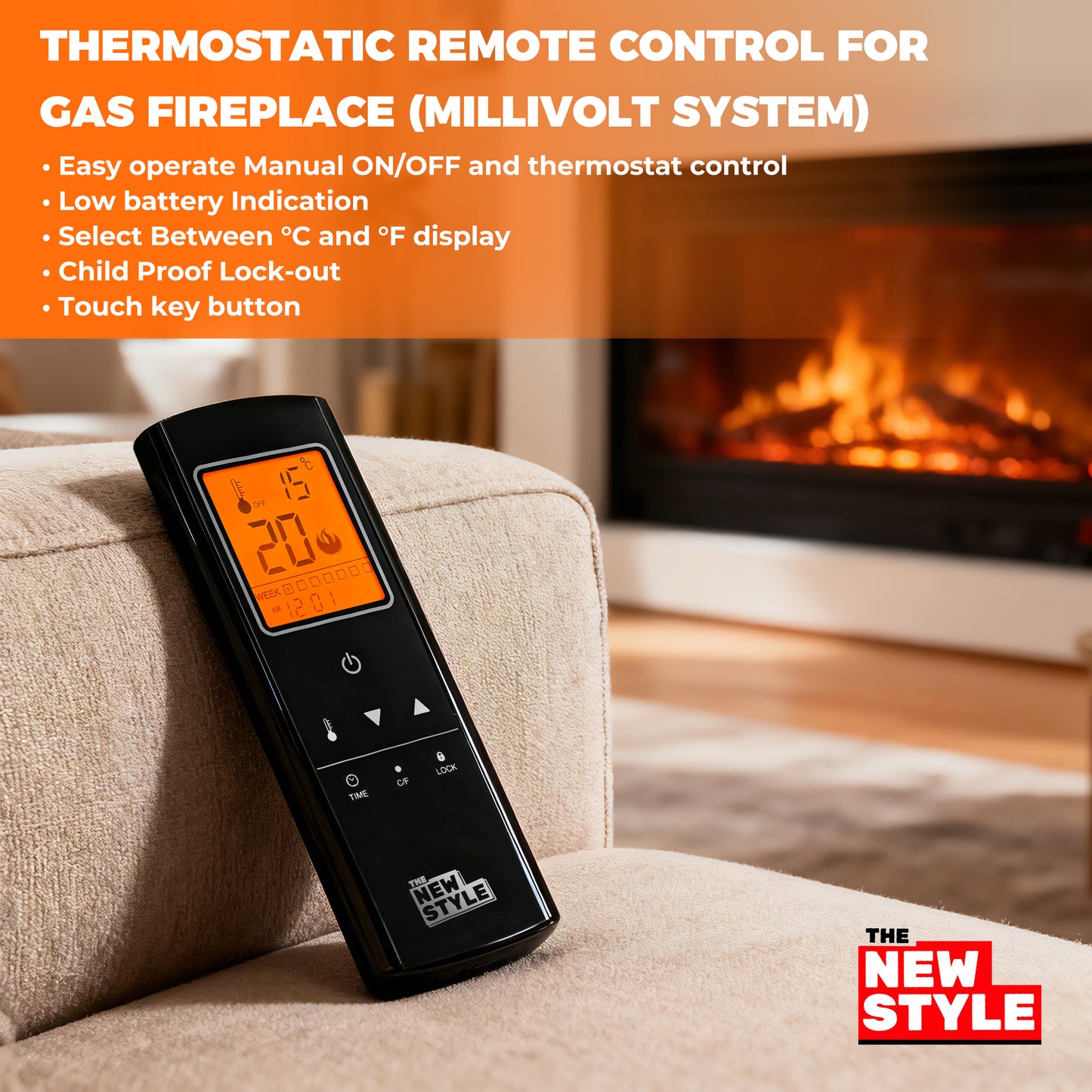 Fireplace Remote Control Kit,Thermostat, On/Off Remote Control, Timer, LCD Screen, Touch Key Buttons for Millivolt Valve System, Replace for skytech 1420-A, 1420TH-A, 1001-A, 1001TH-A and More.