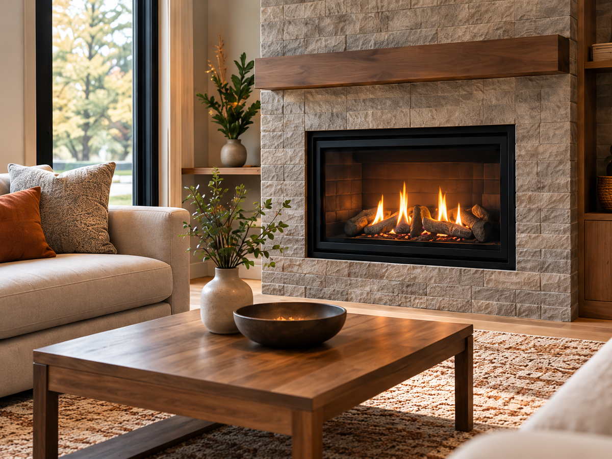 Warm living room with a stone fireplace